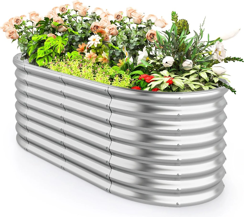 Floreira elevada de metal para jardim 165 x 80 x 60 cm com base aberta, placas metálicas pulverizadas, caixa de exterior para vegetais, prateada