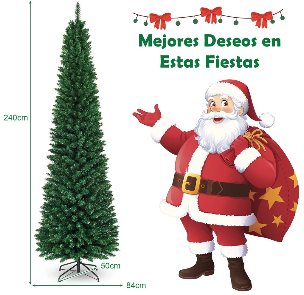 Árvore de Natal Artificial 240 cm Decoração 1000 PVC Pontiagudo com Suporte de Metal Dobrável para Casa Festa Verde