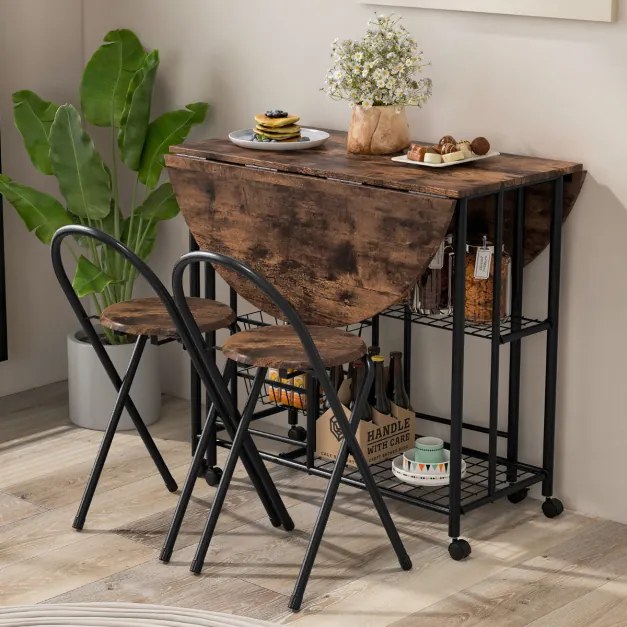 Conjunto de mesa e cadeiras dobráveis de 3 peças, mesa dobrável versátil com 2 prateleiras, 2 bancos para cozinha, sala de jantar, bar, Castanho Esc