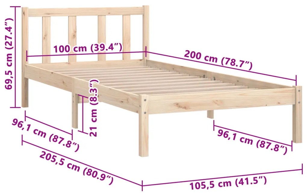 Estrutura de Cama Jane em Madeira de Pinho - 100x200 cm - Cor Natural