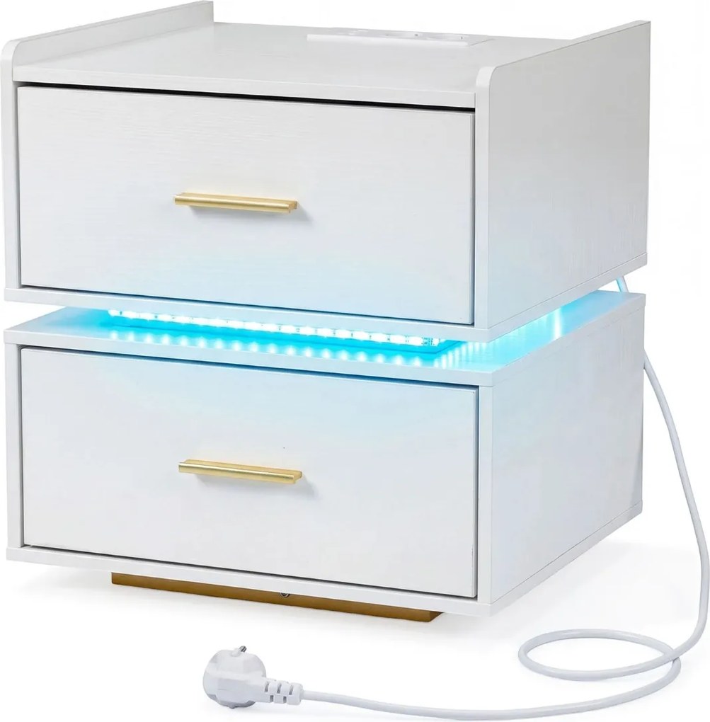 Mesa de cabeceira com base de carregamento LED, 2 gavetas, arrumação semi-suspensa e base metálica 45 x 40 x 48 cm Branca