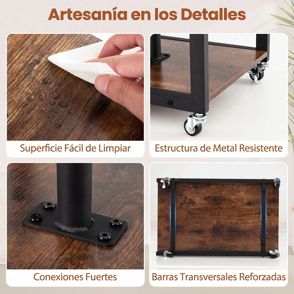 Mesa Auxiliar em C com Rodas, 68 x 40 x 66,5-82,5 cm, Tampo Elevável e Inclinável, Castanho+Preto