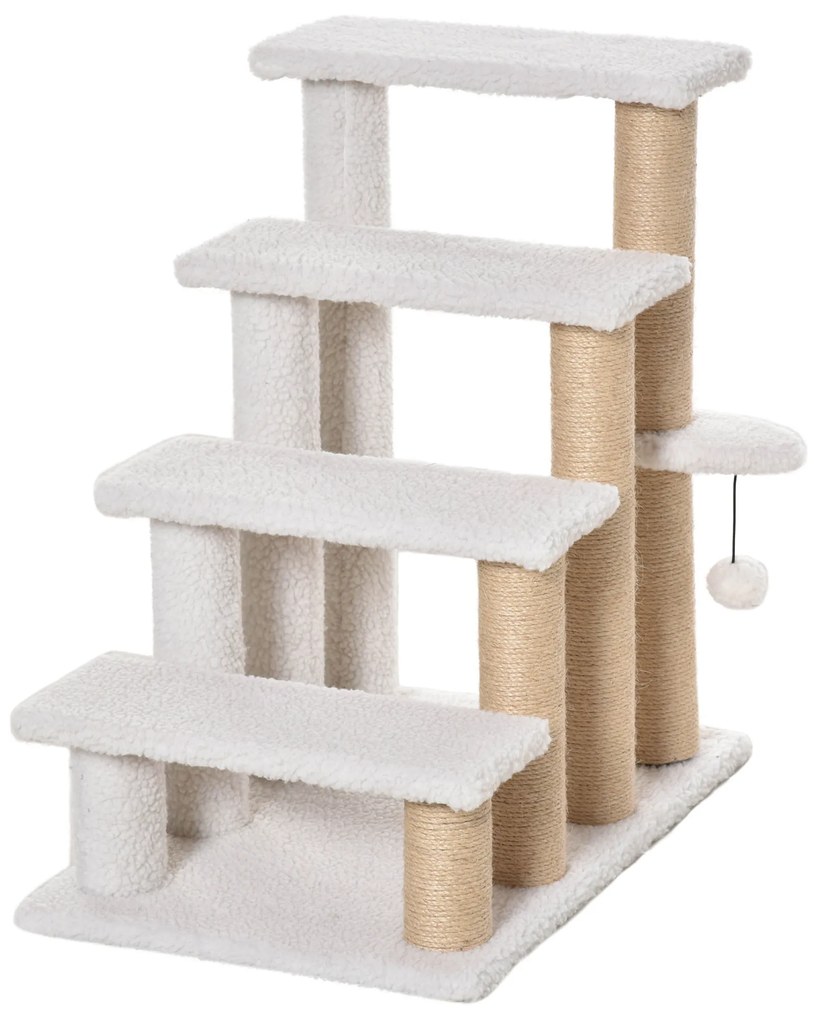 Escada para Gatos de 4 Níveis Coberta de Pelúcia Suave Poste de Juta Bola Pendurada Arranhador para Gatos 60x40x64 cm Branco
