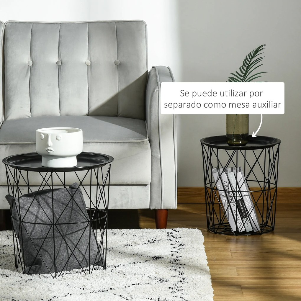 HOMCOM Conjunto de 3 mesas laterais empilháveis Cestos de metal com bandeja removível e espaço de armazenamento Estilo moderno para sala de estar Diâmetro Ø43 Ø35 e Ø30 preto