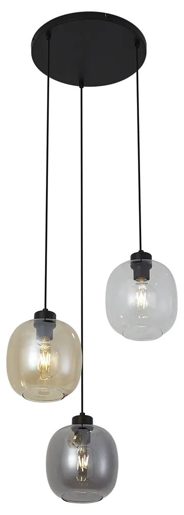 Candeeiro suspenso preto com vidro âmbar, fumê e transparente 3 luzes - Elena