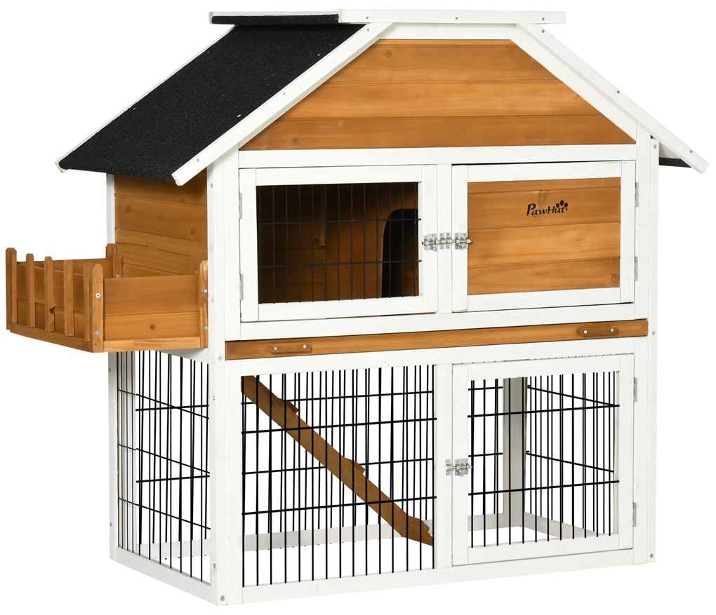 PawHut Coelheira de Madeira de Exterior Gaiola para Coelhos de 2 Níveis com Teto Asfáltico Cerca de Metal 123x58x106cm Madeira | Aosom Portugal