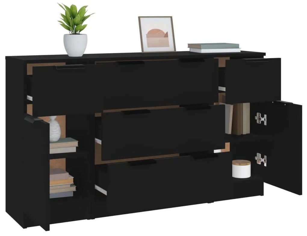 3 pcs conjunto de aparadores madeira processada preto