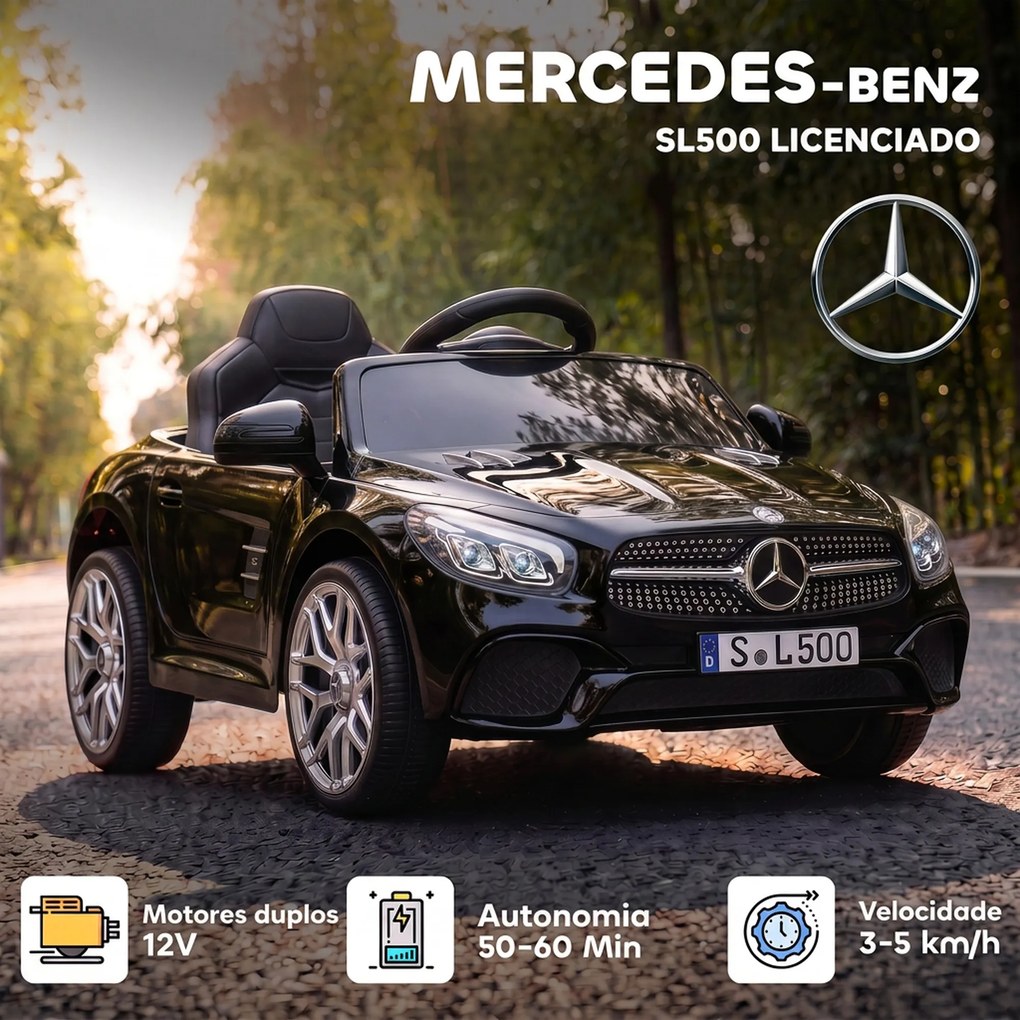Carro Elétrico Infantil Mercedes-Benz SL500 12V com Comando à Distância 2,4 GHz, 2 Motores, Suspensão e Arranque Suave, Preto