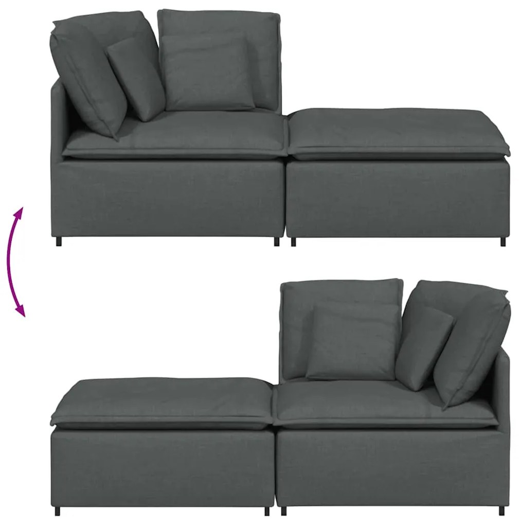 Sofá modular com pufes e almofadas tecido cinzento-escuro