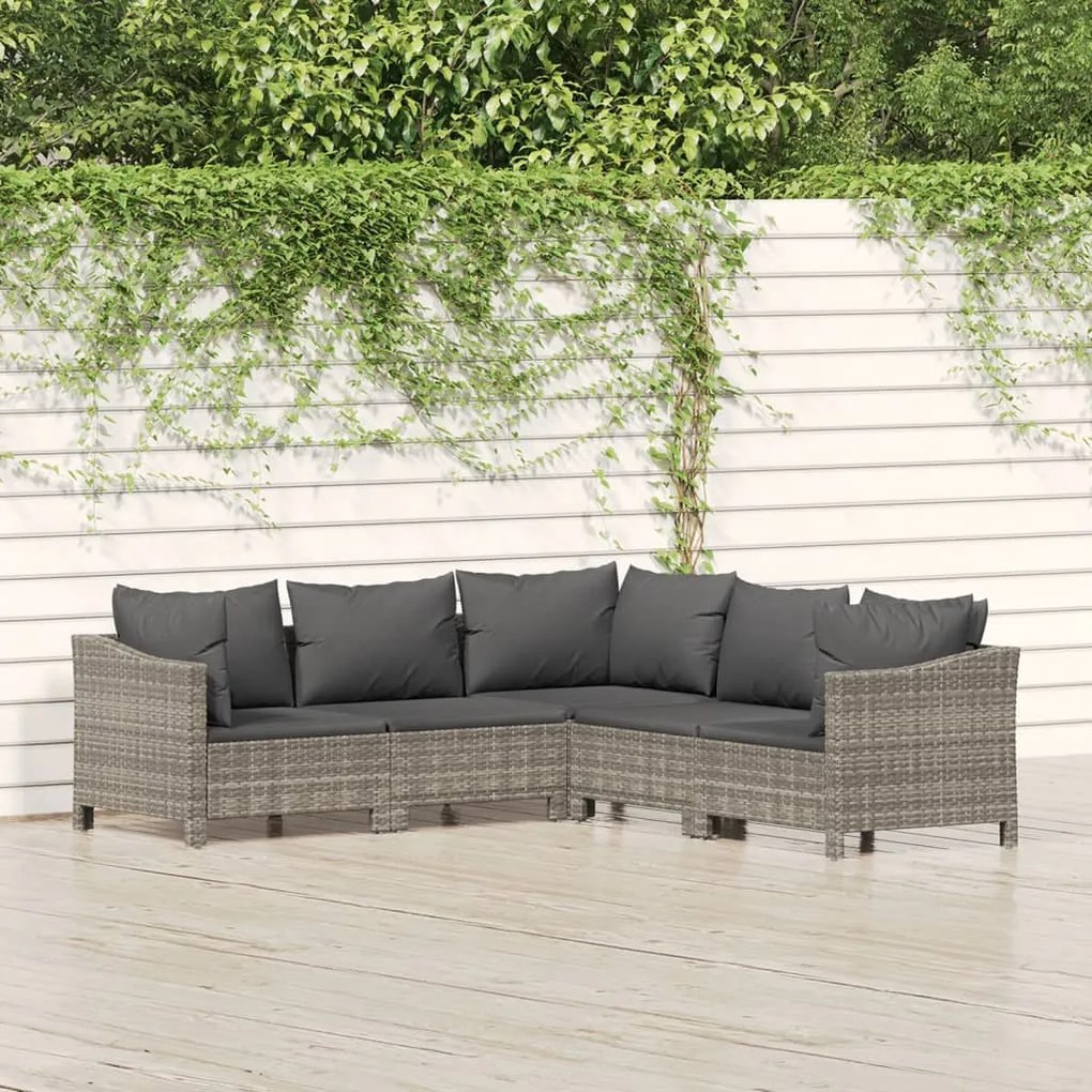 3187279 vidaXL 5 pcs conjunto lounge de jardim c/ almofadões vime PE cinzento