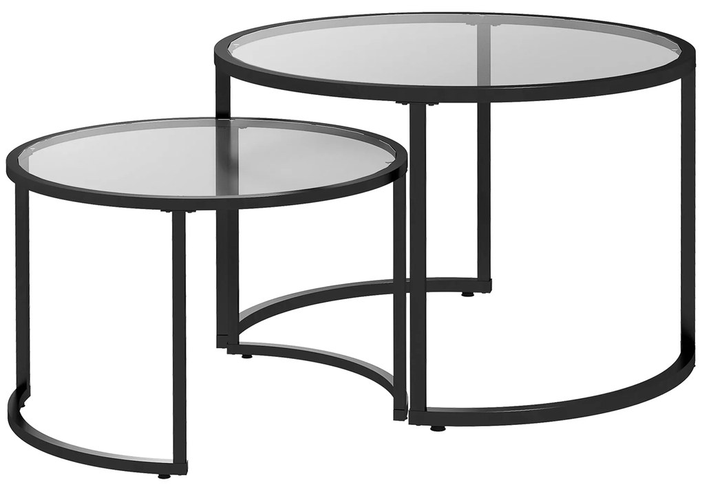 Conjunto de 2 Mesas de Apoio Redondas Bancada de Vidro Temperado e Estrutura de Aço Grande 70 cm Pequena 54 cm Preto e Transparente