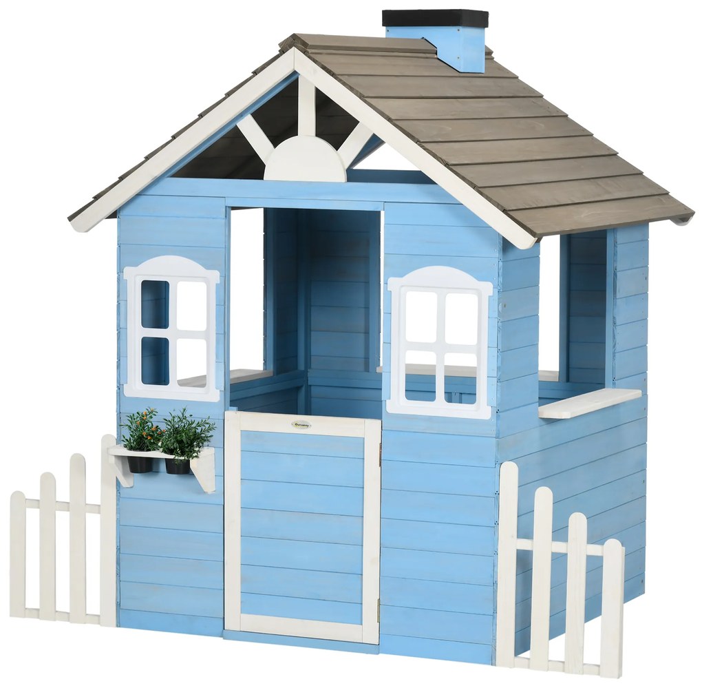 Outsunny Casa de Madeira de Jardim para Crianças de 3-7 Anos com Porta Janelas Vasos e Cercas Laterais 151x112,5x142 cm Azul | Aosom Portugal