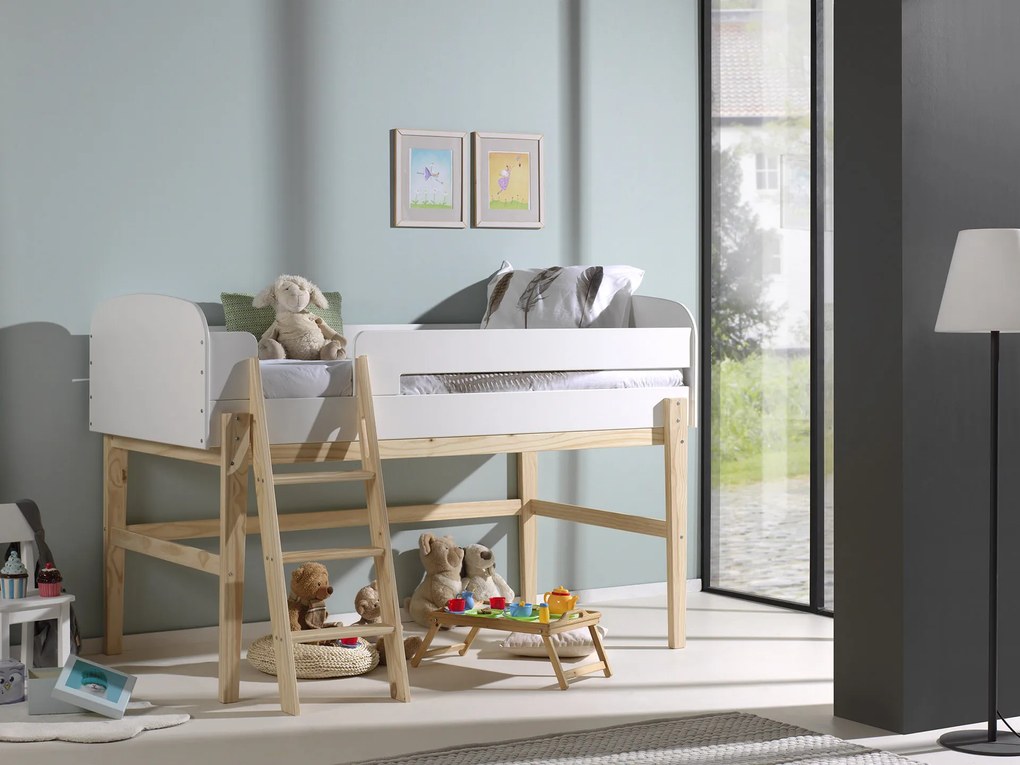 Cama de grades infantil KIDDY (90x200) + Estrado + Escada Branca