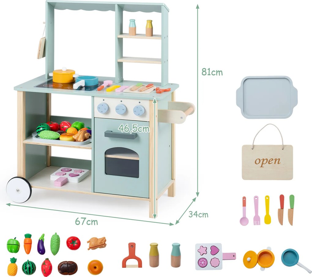 Cozinha Infantil de Brincar com Rodas, 67 x 34 x 81 cm, Com Acessórios, Verde