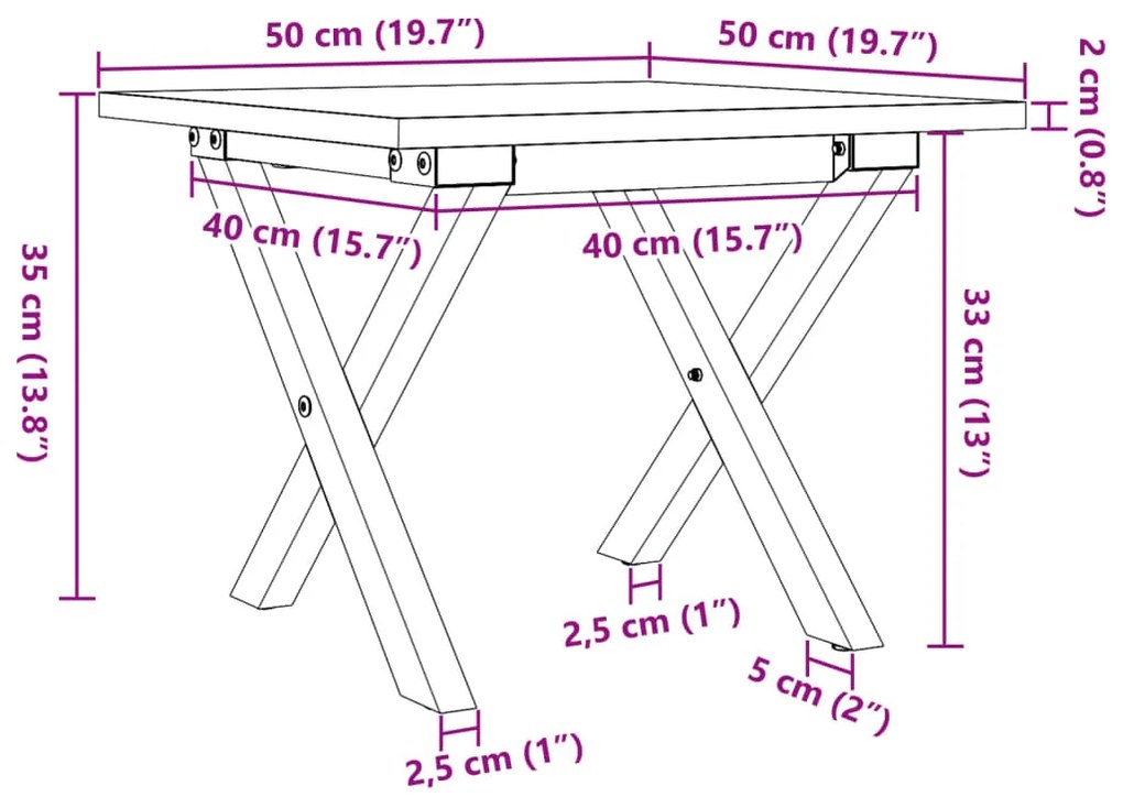 Mesa de centro estrutura em X 50x50x35 cm pinho e aço