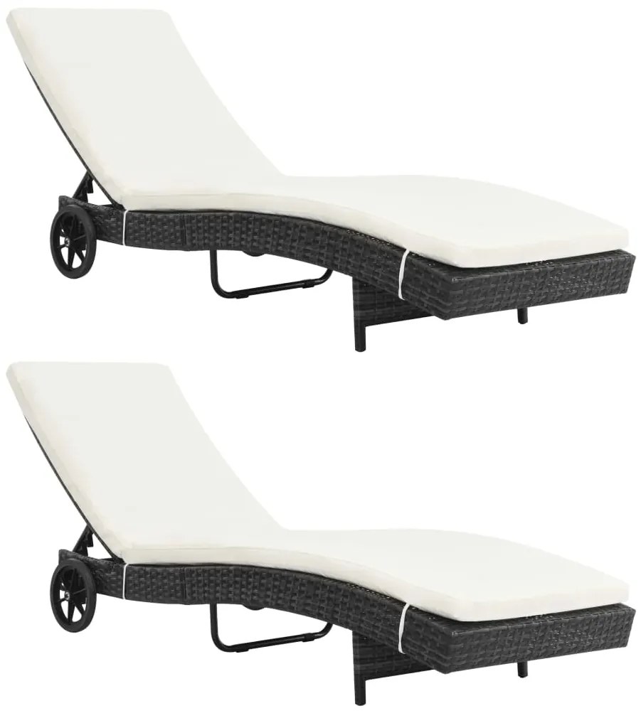 Espreguiçadeiras com rodas e almofadões 2 pcs vime PE preto