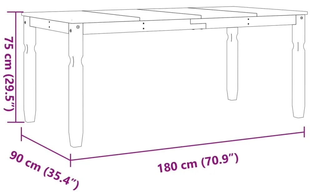 Mesa de jantar Corona 180x90x75 cm madeira pinho maciça cinza