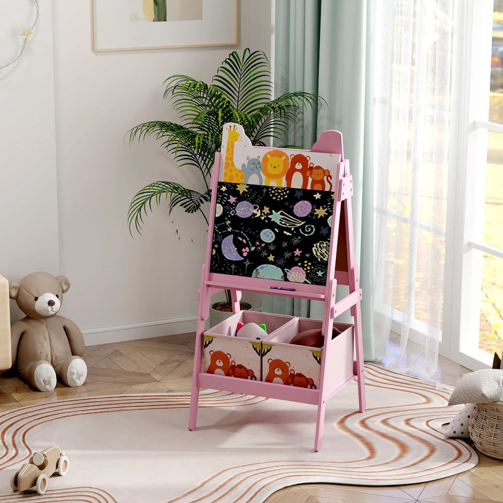 Quadro infantil com cavalete, dupla face, com 2 caixas de arrumação, para crianças dos 3 aos 8 anos, 49 x 53,5 x 113 cm, cor-de-rosa