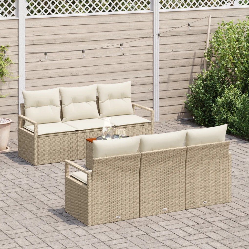 Conjunto de Sofá de Jardim de 7 Peças com Almofadas Bege Vime Poliméri
