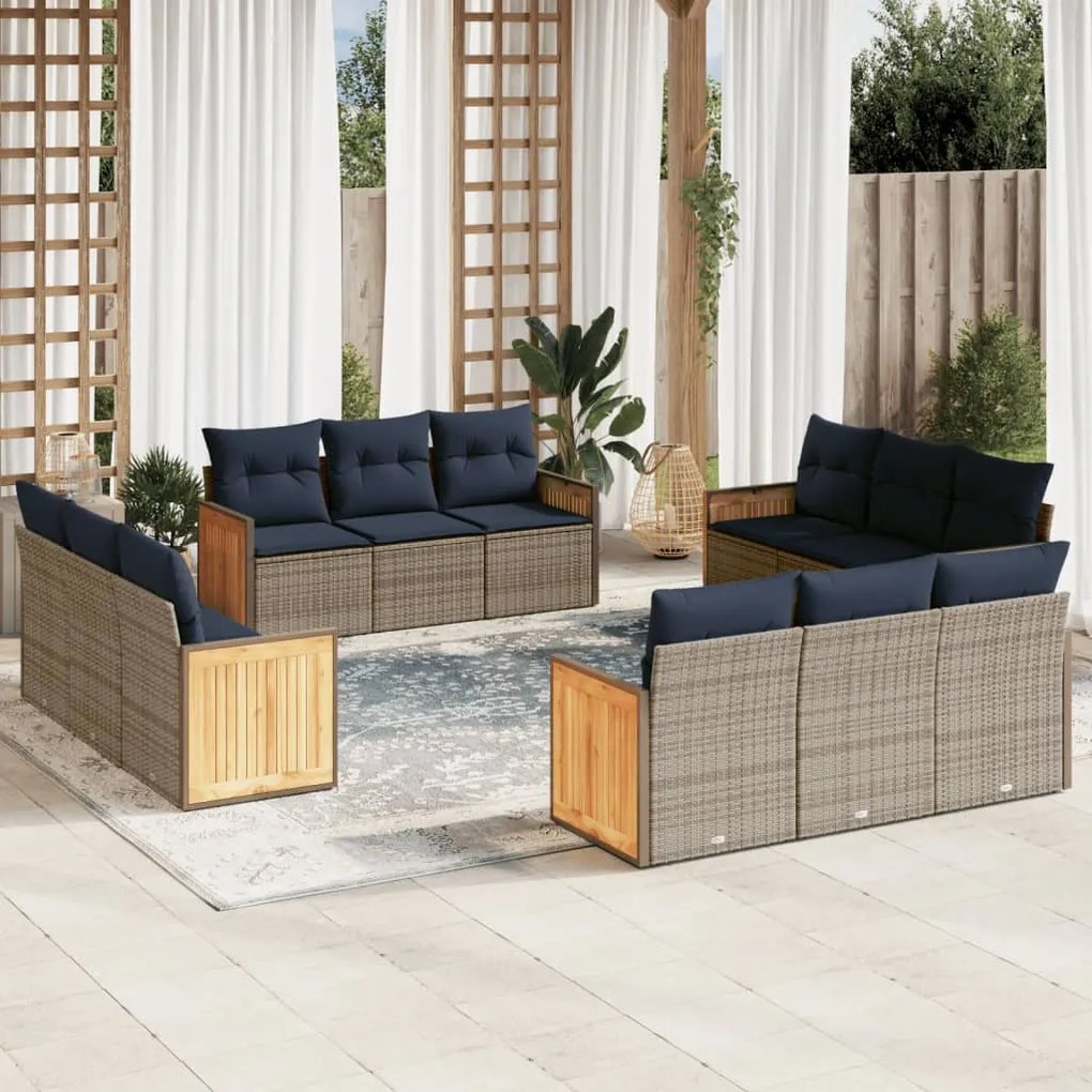 vidaXL 12 pcs conjunto sofás p/ jardim c/ almofadões vime PE cinzento