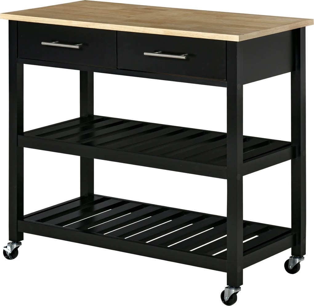 Carrinho de cozinha com rodas 91,4 x 45,6 x 85 cm, 2 prateleiras e 2 gavetas, preto e madeira natural