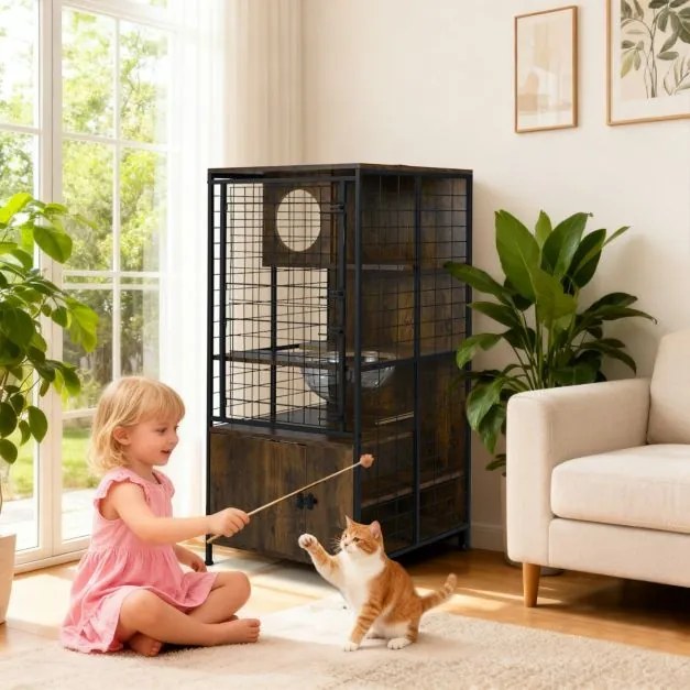 Gaiola moderna para gatos 60 x 60 x 125 cm com torre multinível com estrutura metálica Orifícios Porta com fechadura Almofadas ajustáveis Castanho