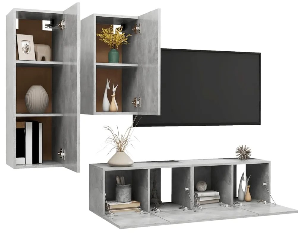 4 pcs conjunto de móveis de TV derivados madeira cinza cimento