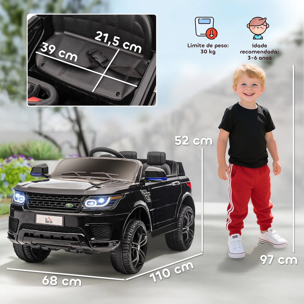 Carro Elétrico SUV Infantil 12V com 2 Motores Controlo Remoto Faróis Buzina Bluetooth Música USB e Abertura de Porta 3-5km/h 110x68x52cm Preto