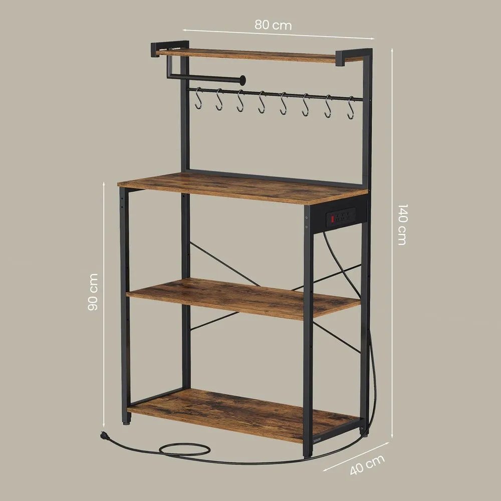 Armário de cozinha com 4 prateleiras, 40 x 80 x 140 cm com base de carregamento, 8 ganchos castanho-preto