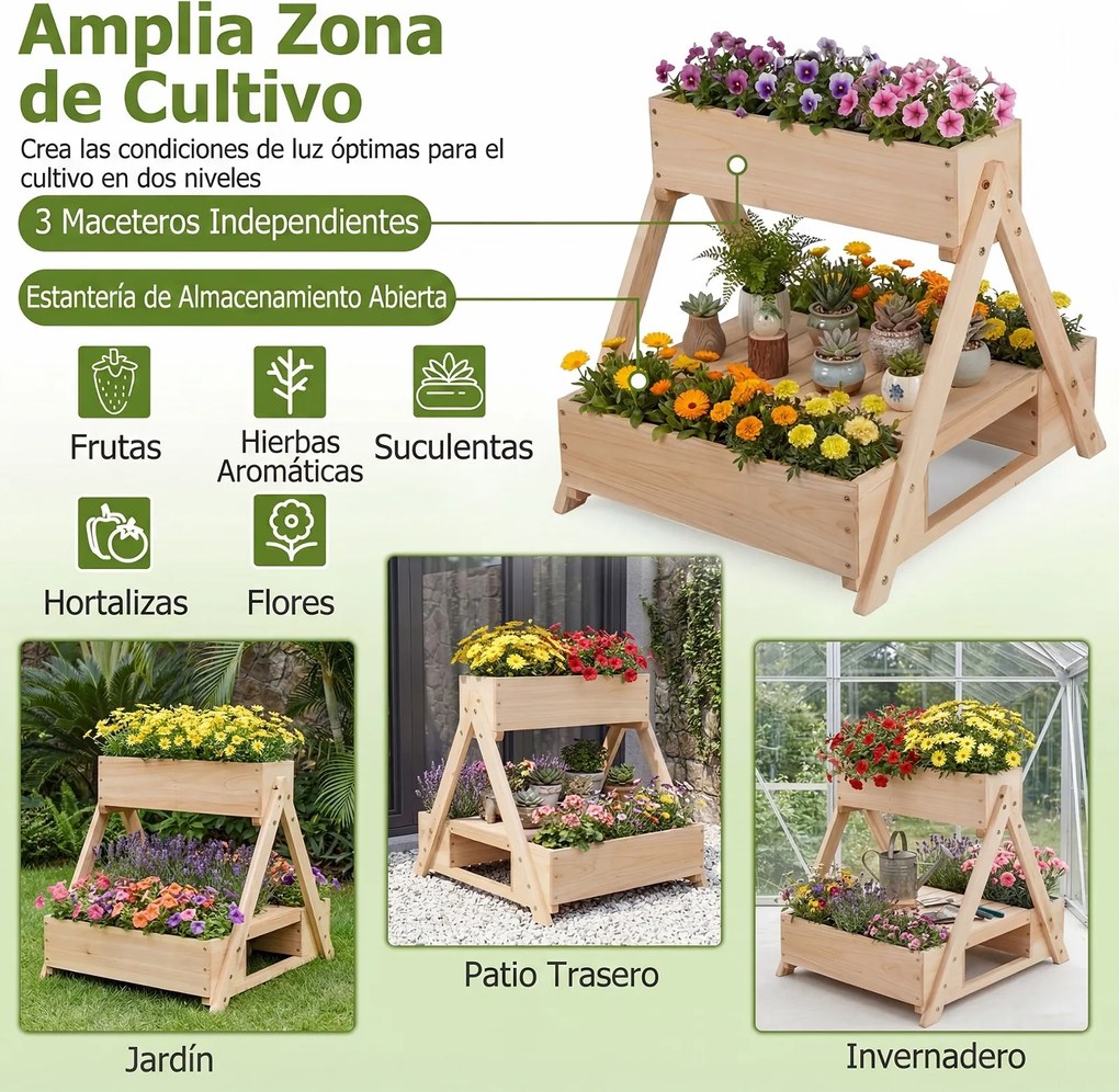Floreira vertical em madeira de abeto 66 x 58 x 60 cm com 3 vasos e estante de arrumação aberta, com orifícios de drenagem, para jardim ou pátio, natu