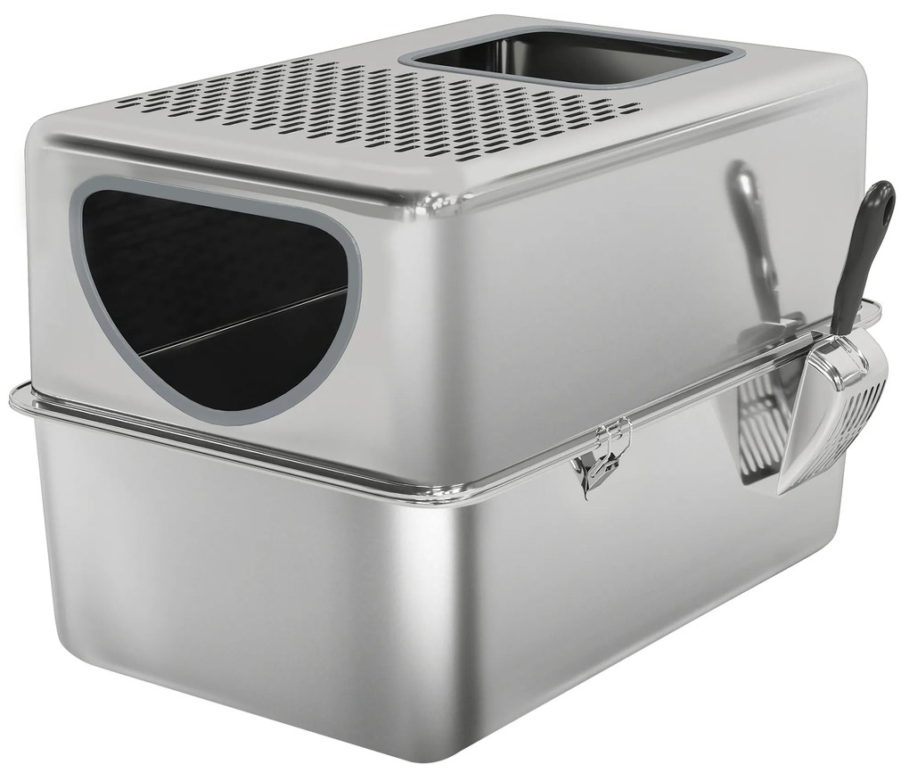 PawHut Caixa de Areia para Gatos em Aço Inoxidável XL  com Pá Aberturas Duplas Fácil de Limpar 60x39,6x40,1 cm Prateado | Aosom Portugal