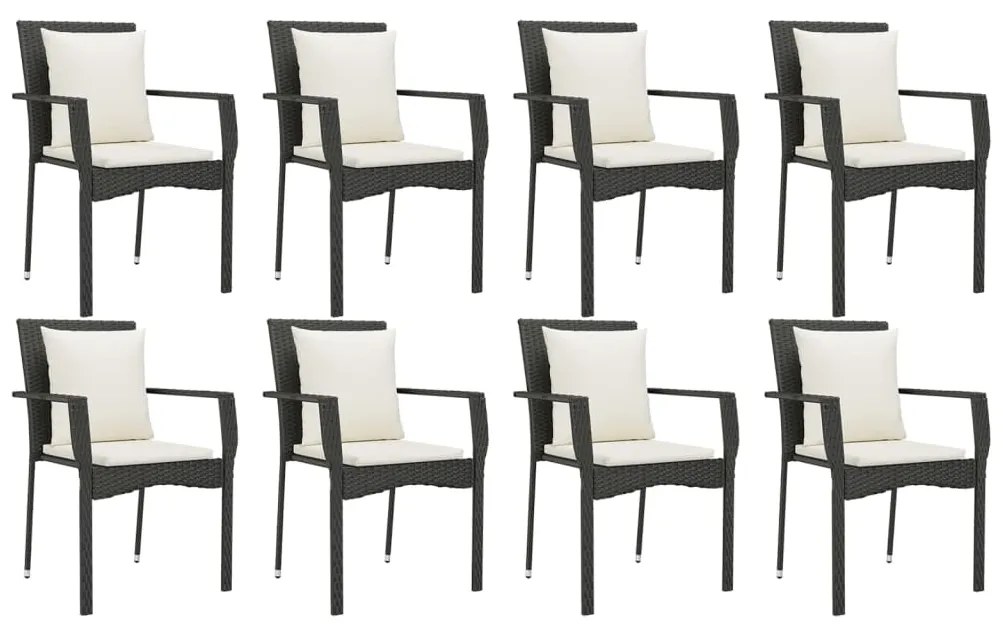 9 pcs conjunto de jantar p/ jardim c/ almofadões vime PE preto
