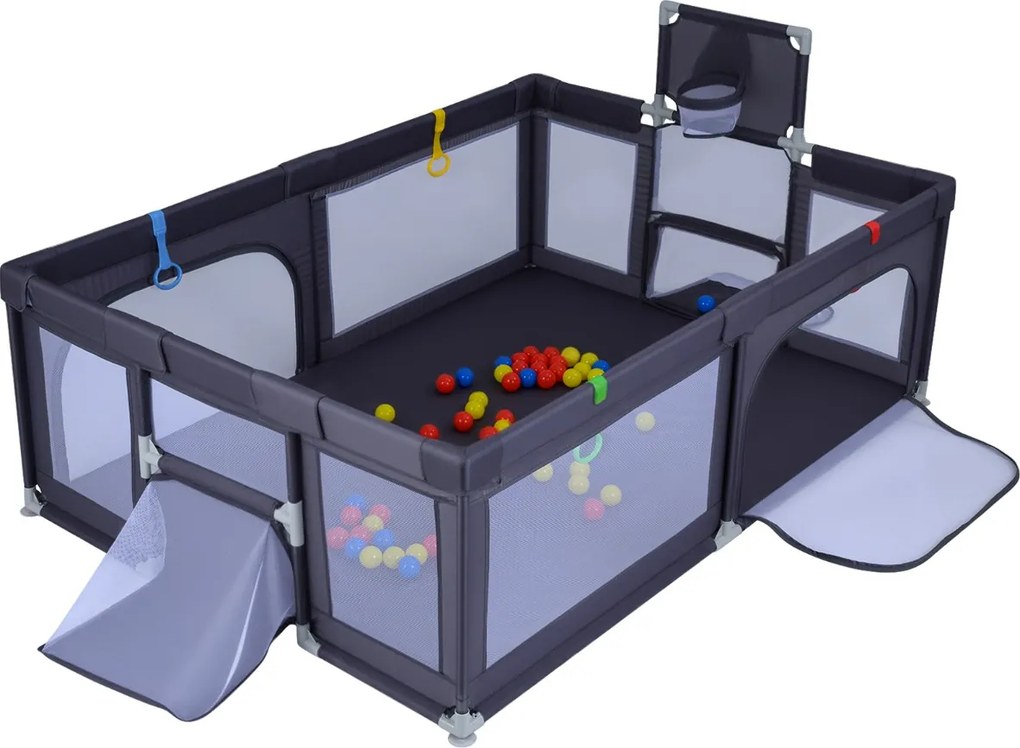 Parque infantil grande e seguro 207 x 145 x 68 cm com cesto de basquetebol e redes de futebol, argolas para lançar e bolas oceânicas, portas cinza esc
