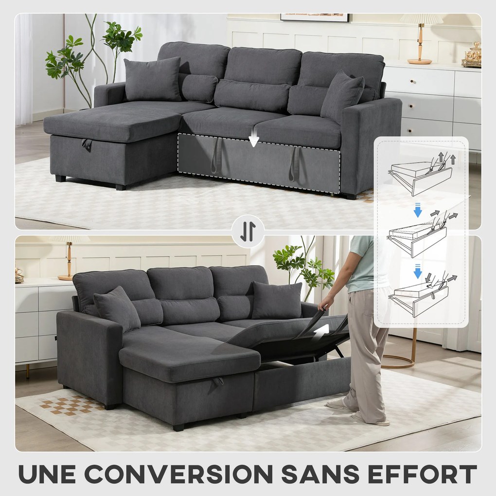 Sofá de canto convertível 205 x 135 x 76 cm em veludo canelado, sofá-cama de 3 lugares com arrumação oculta, almofadas, cinzento