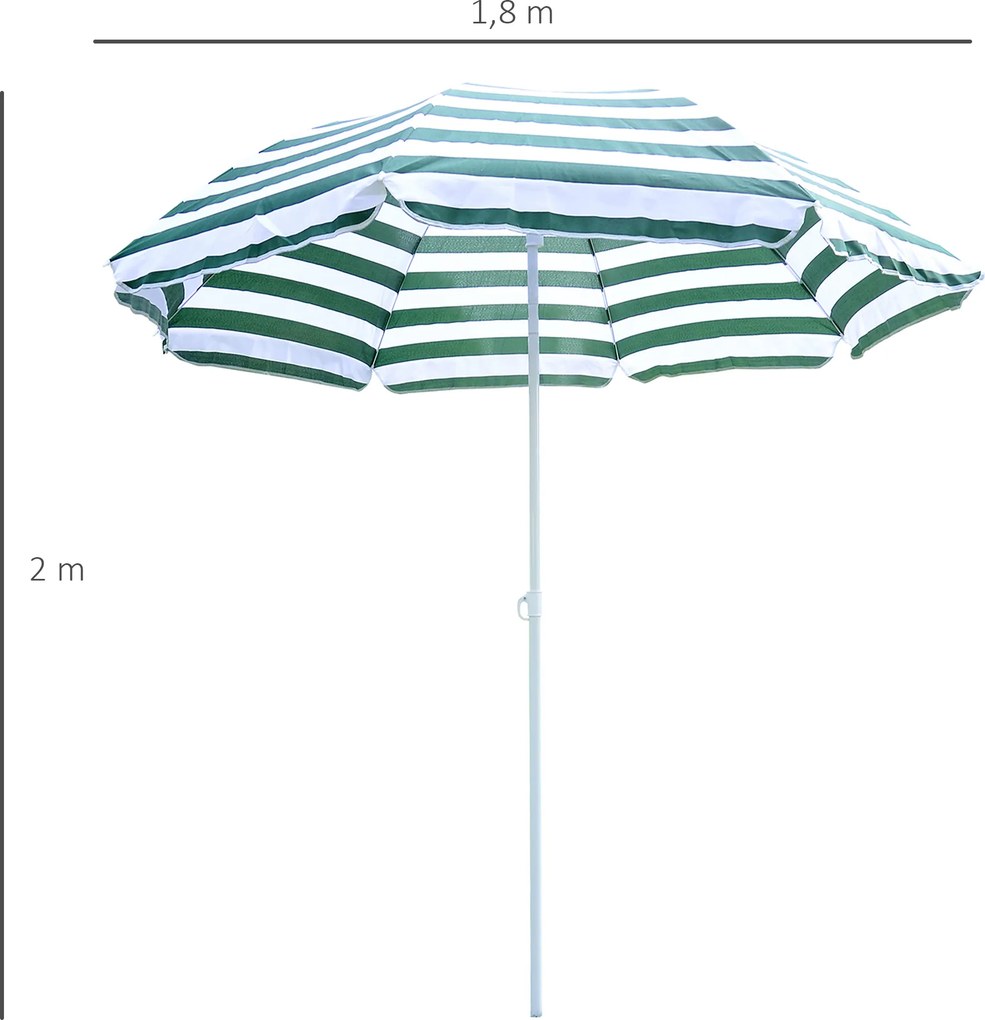 Chapéu de Sol de Praia Ø180cm com Teto Inclinável e Mastro de Metal Proteção Solar para Jardim Terraço Exterior Listras Verdes e Branco