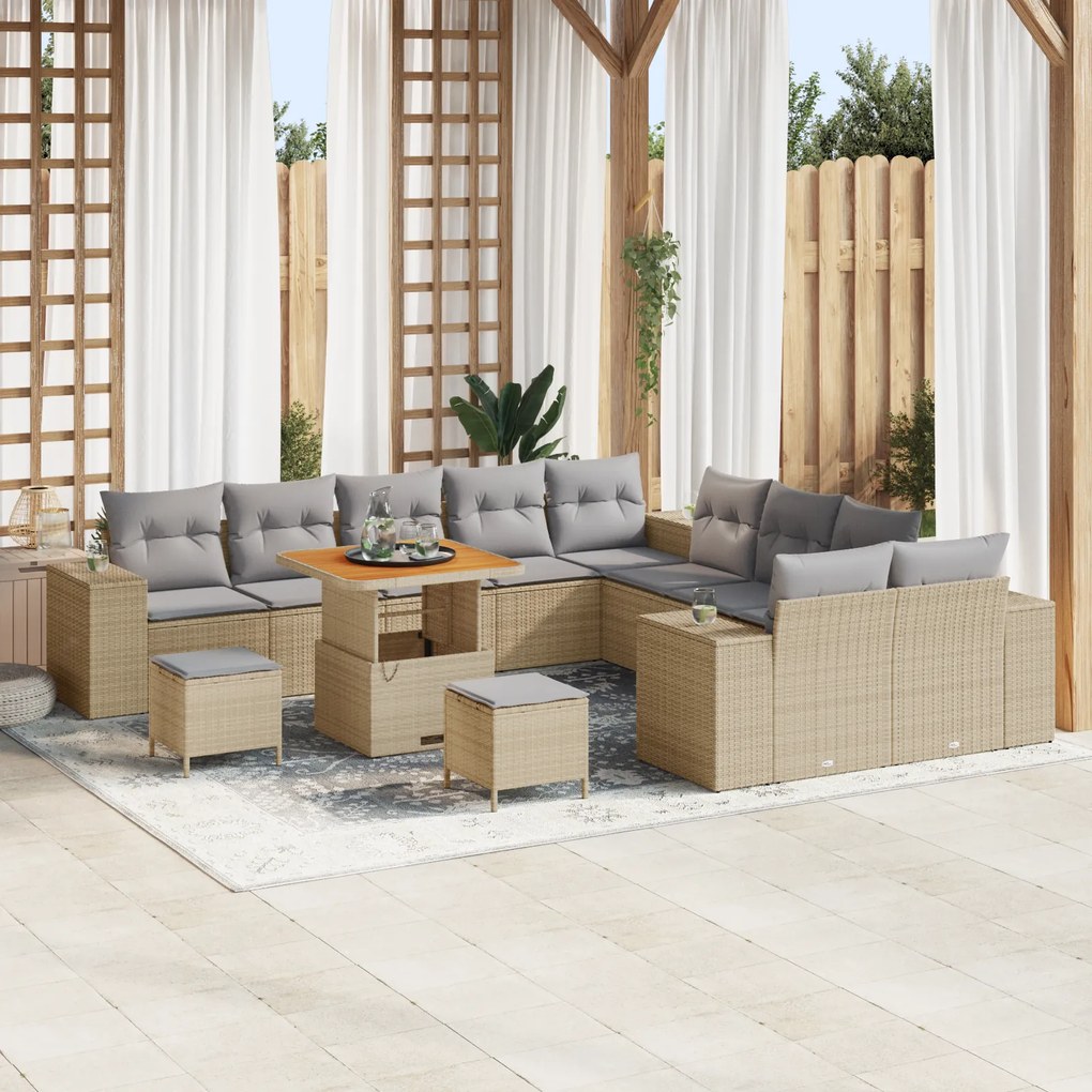 Conjunto de Sofá Jardim vidaXL de 13 Peças com Almofadas Bege Rattan S