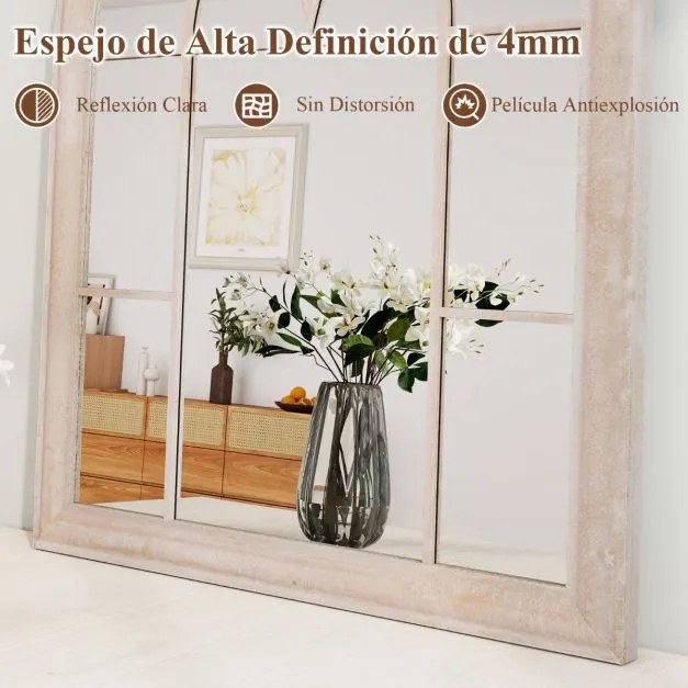 Espelho de painel de janela estilo rústico arqueado 88,5 x 69 x 3,5 cm e montado na parede com moldura metálica cinza