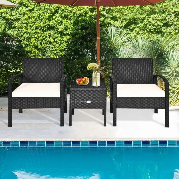 Conjunto de móveis Jardim de 3 peças com almofadas amovíveis Mesa de café Conjunto de cadeiras de vime para jardim e piscina Branco