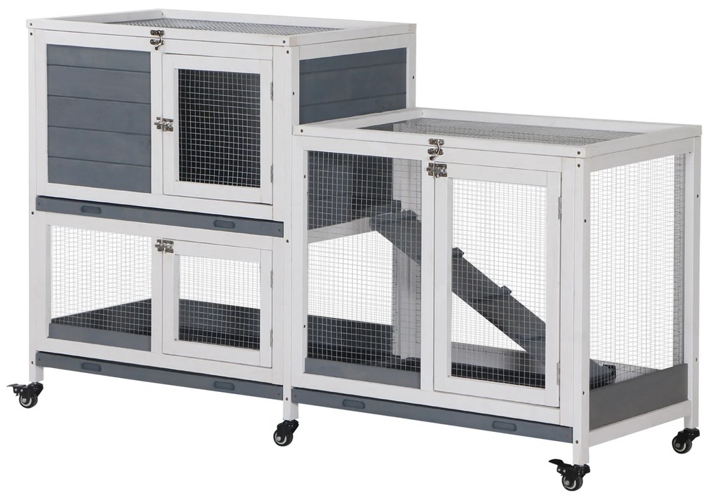 PawHut Coelheira de Madeira com Rodas 147x45,5x88,5cm Gaiola para Coelhos de 2 Níveis com Teto Abatível 2 Cercados de Metal Cinza | Aosom Portugal