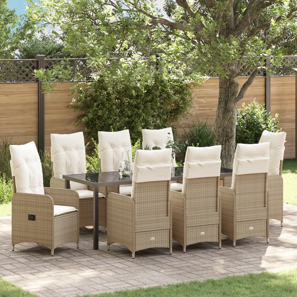 vidaXL Conjunto de Jantar de Jardim 9 Peças com Almofadas em Bege Vime Sintético