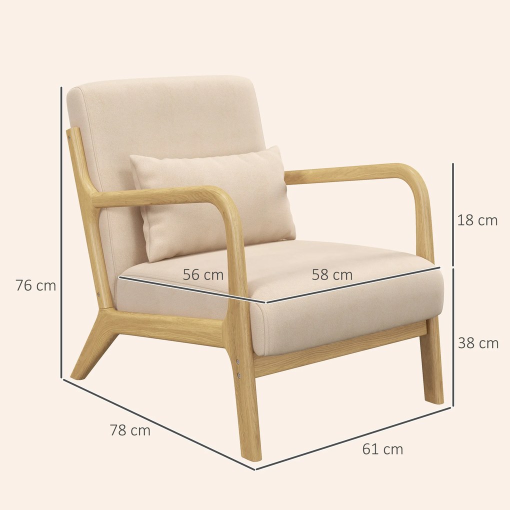 Poltrona Sala de Estar Nórdica Acolchoada com Apoio para os Braços e Estrutura de Madeira de Borracha 61x78x76 cm Bege
