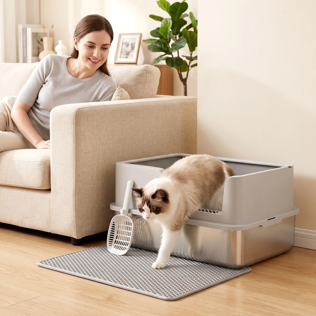 Caixa de Areia XL para Gatos em Aço Inoxidável com Rebordo Alto Pá Escova e Gancho Cinza Claro