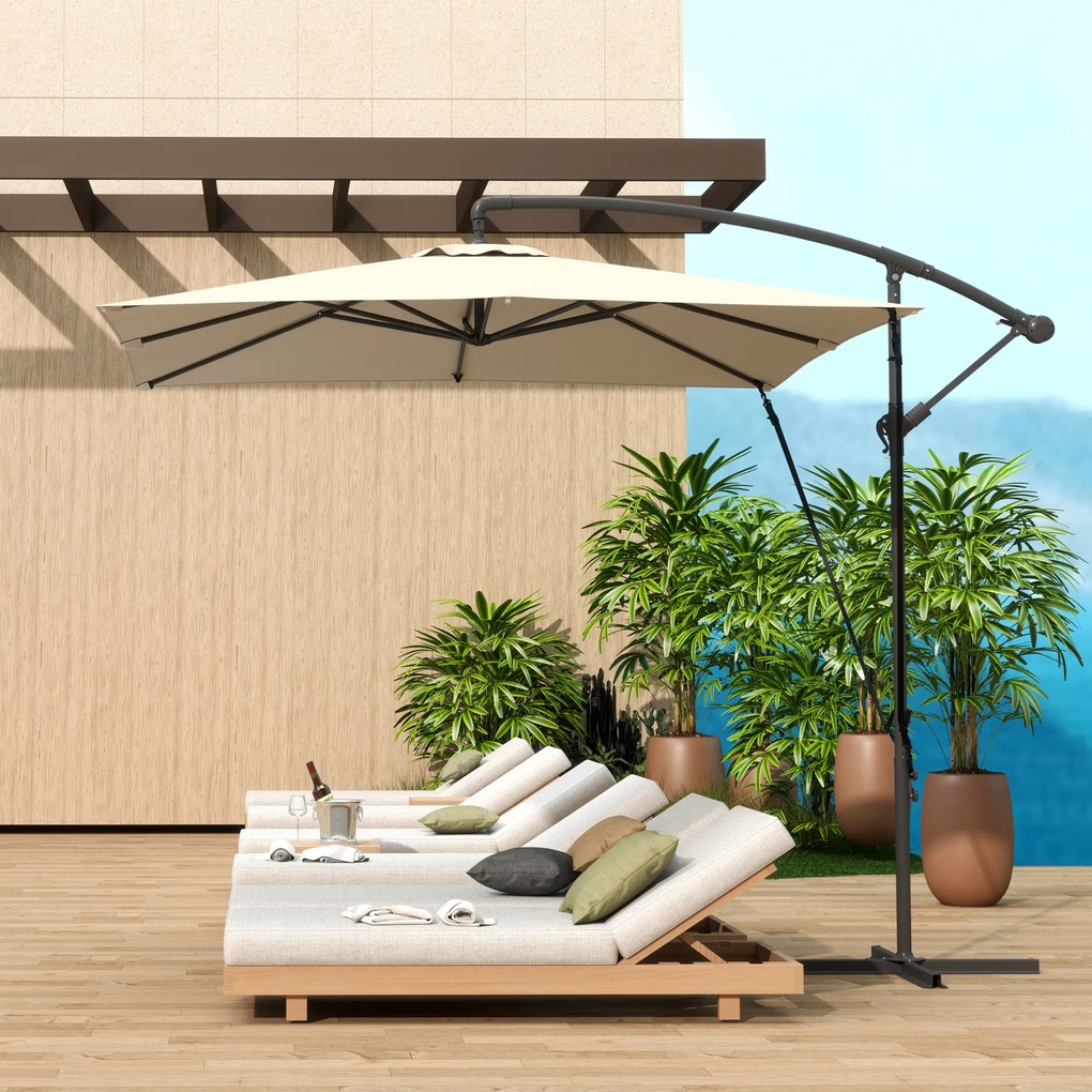 Chapéu de Sol Excêntrico 247x247 cm com Base Cruzada Capa Ajustável Manivela Capa Protectora e Corda de Vento Caqui