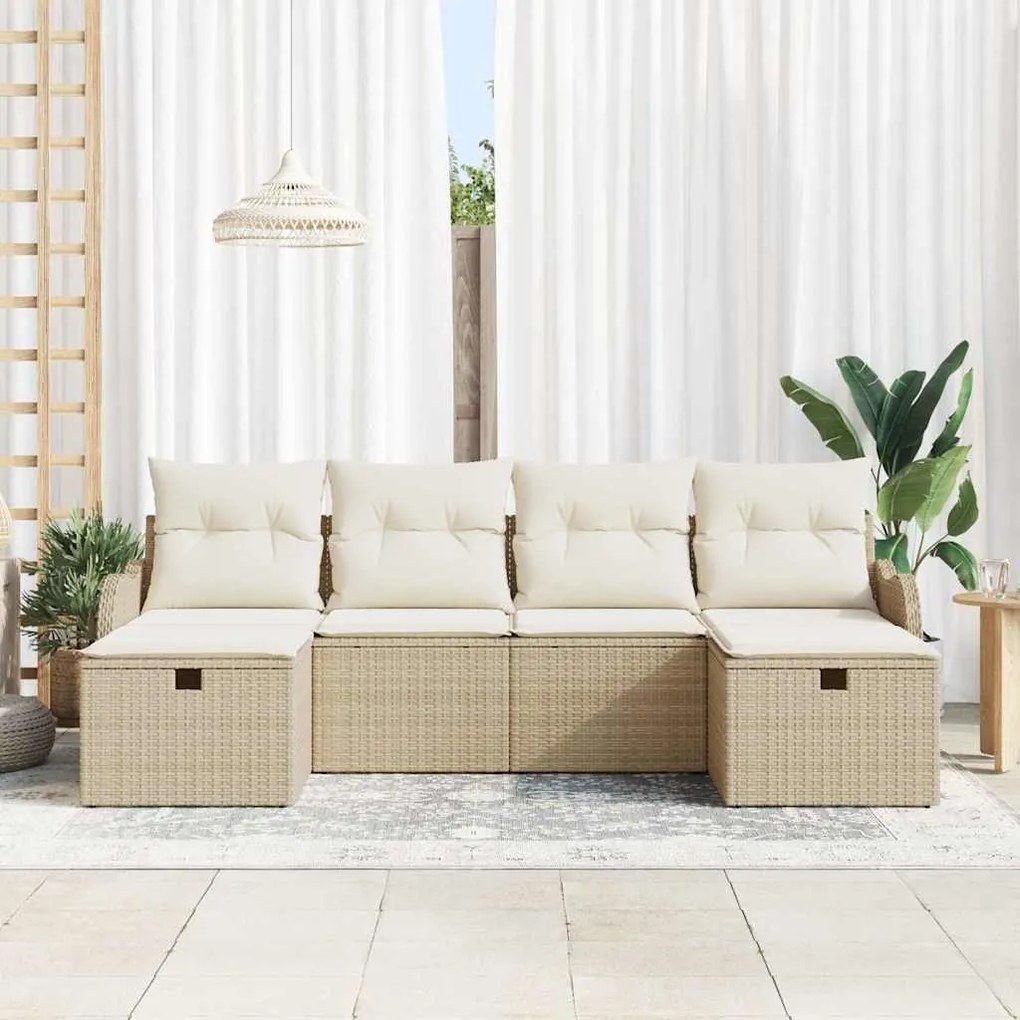 Conjunto de Sofá de Jardim vidaXL com Almofadas Bege Vime Poliéster
