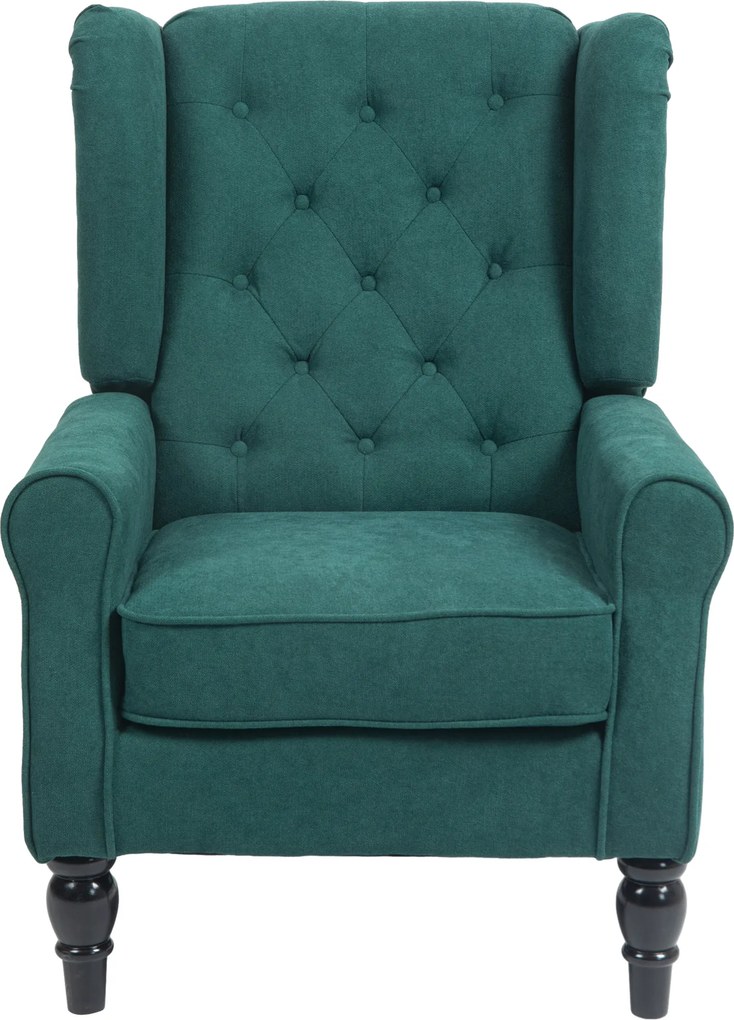 Poltrona de sala estofada com assento largo, pés de madeira, estilo clássico, grande conforto, 74 x 86 x 102 cm, verde