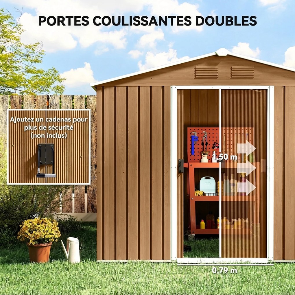 Abrigo de Jardim, 236 x 171 x 191 cm, Portas de Correr com Fechadura, Castanho Escuro
