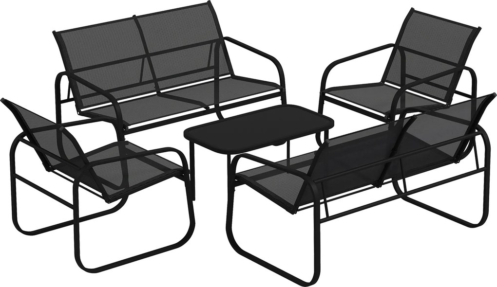 Outsunny Conjunto de Mobiliário de Jardim Exterior 5 Peças em Aço e Textilene com Sofás Dois Cadeirões e Mesa de Centro Vidro Cinza | Aosom Portugal