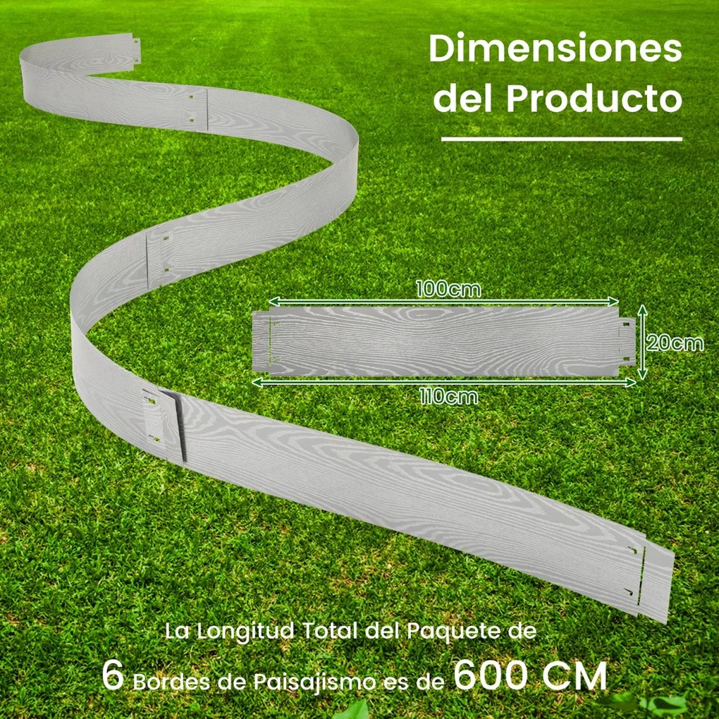 Conjunto de 6 peças 110 x 20 cm, de borda de jardim em metal galvanizado, canteiros, caminho, pátio, prateado