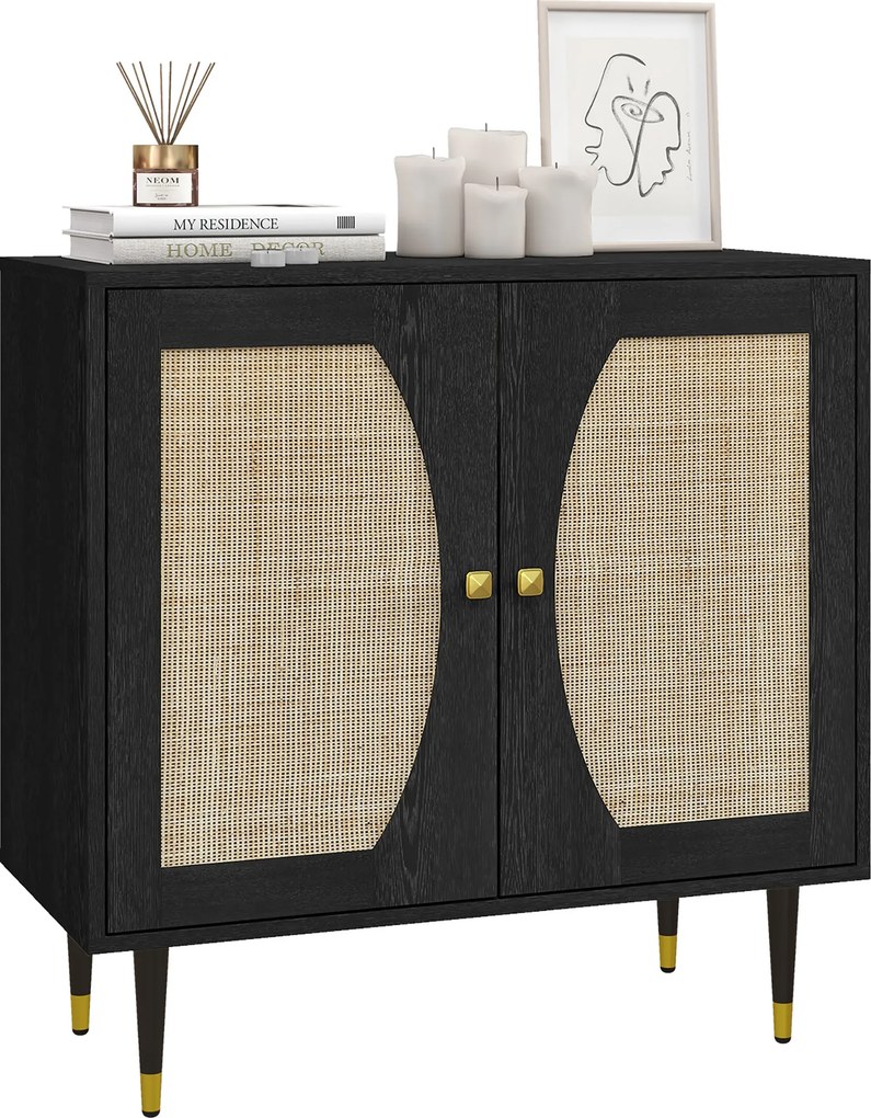 Aparador de cozinha com design boémio, duas portas e dois níveis, frente em rattan, 80 x 38 x 79 cm, preto