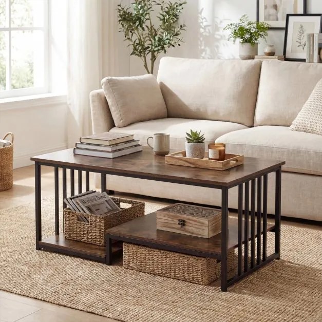 Mesa de centro retangular 110 x 60 x 45 cm com 2 prateleiras de arrumação, Estrutura metálica resistente, mesa moderna para sala de estar em castanho